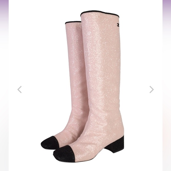 CHANEL Shoes Chanel Aw 27 Light Pink And Black Glitter Knee High